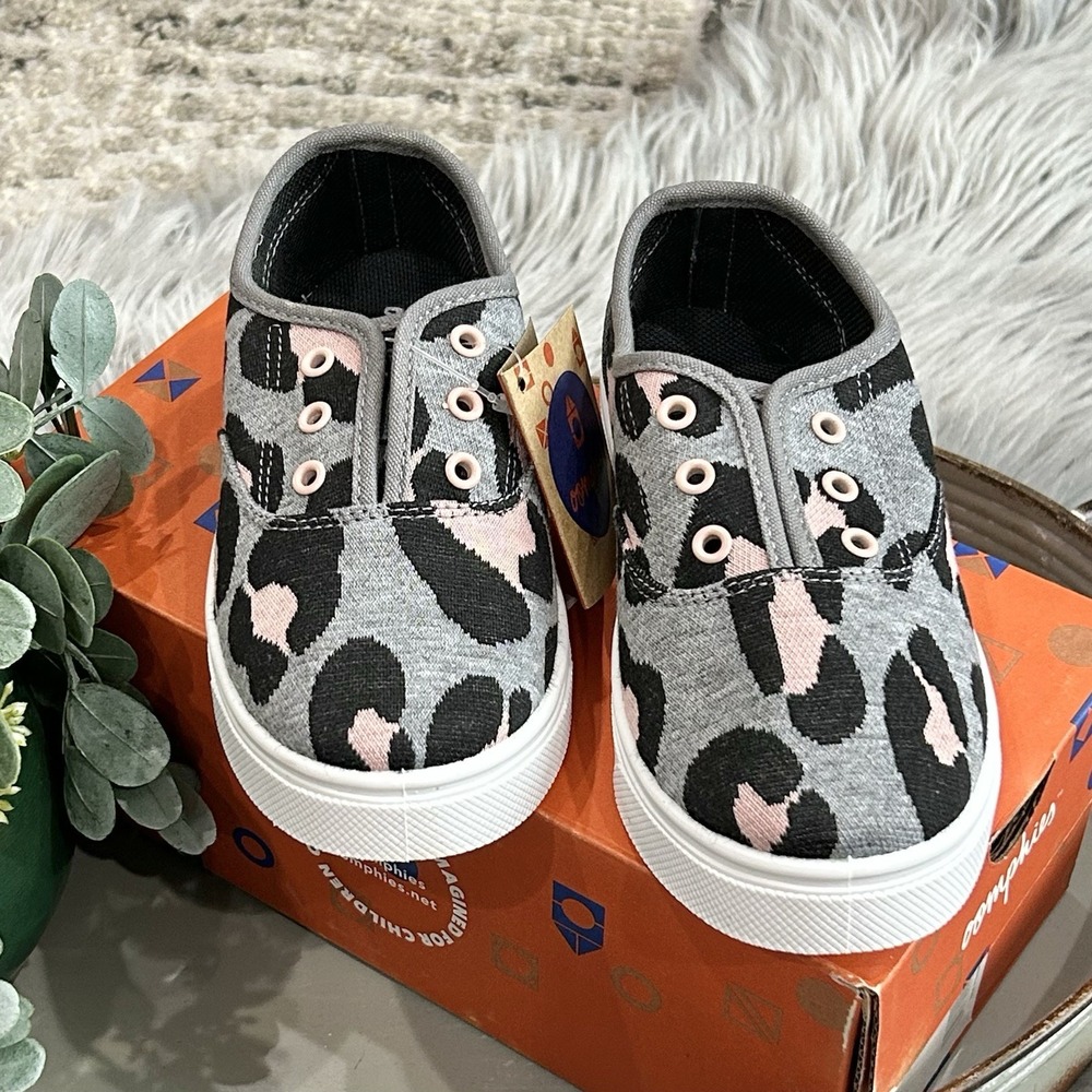 OOMPHIES Girls Robin Charcoal/Cheetah Slip-On Sneakers Size 12Y NEW
